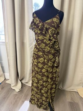 Moon River Brown Maxi Dress with Yellow Floral Ruffle